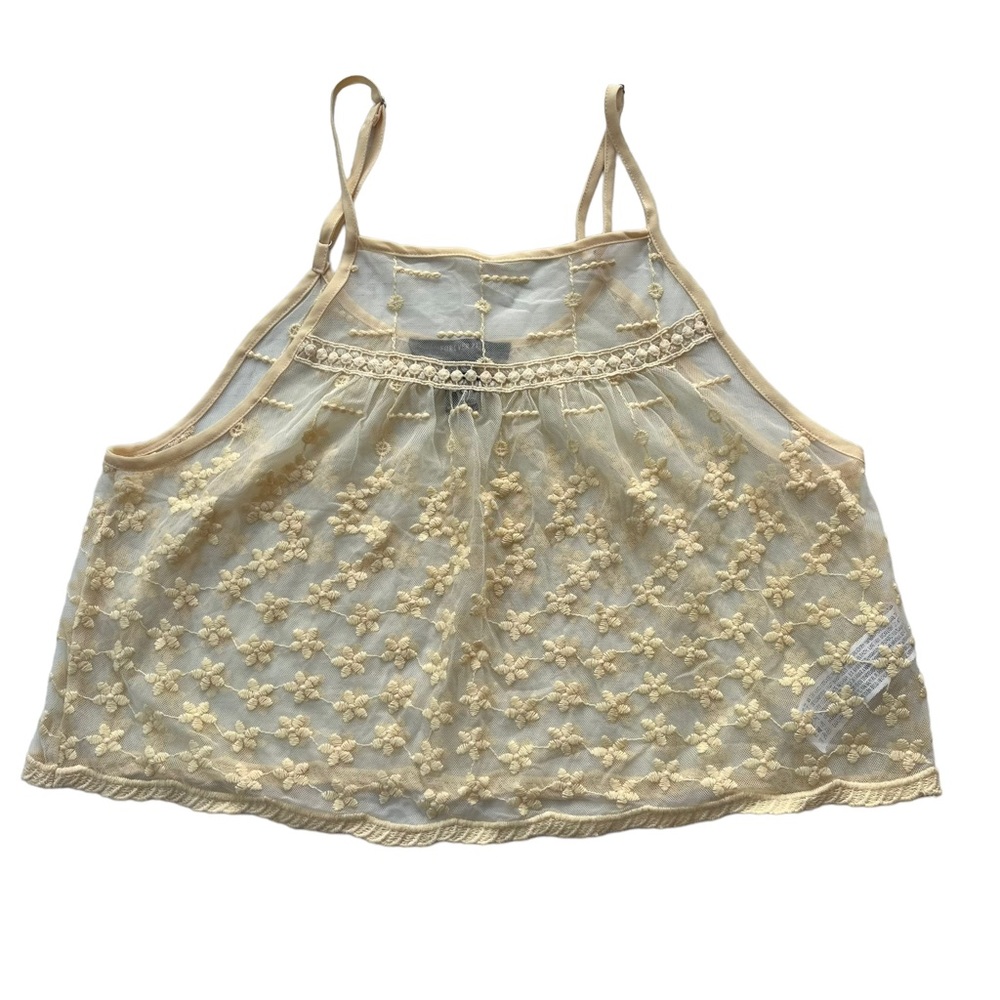 Forever 21 Women’s Small Yellow Sheer Floral Lace Raglan Neckline Crop‎ Tank Top